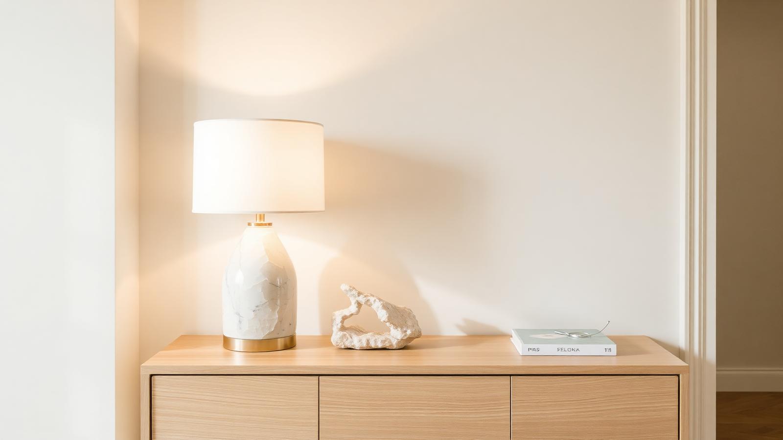 Selenite lamp and crystal décor styled in a bright interior